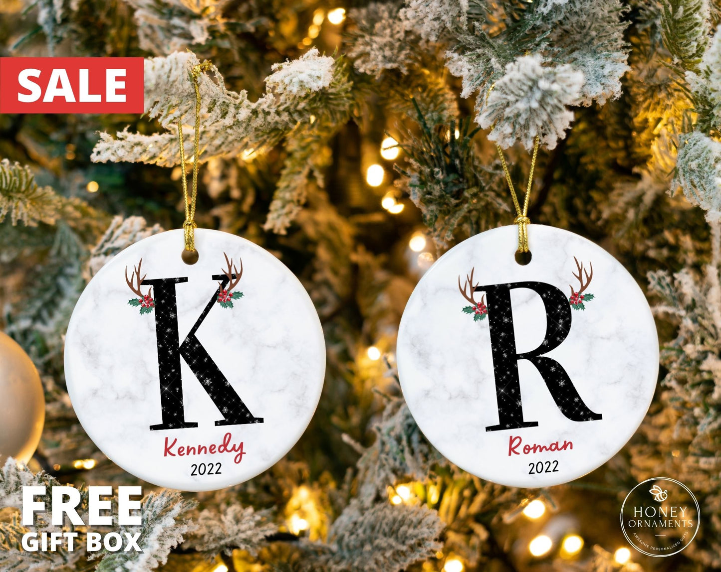 Personalized Family Ornament, 2023 Custom Alphabet Ornament, Christmas Deer Antlers Gift, Monogram Initial Ornament, Christmas Tree Ornament