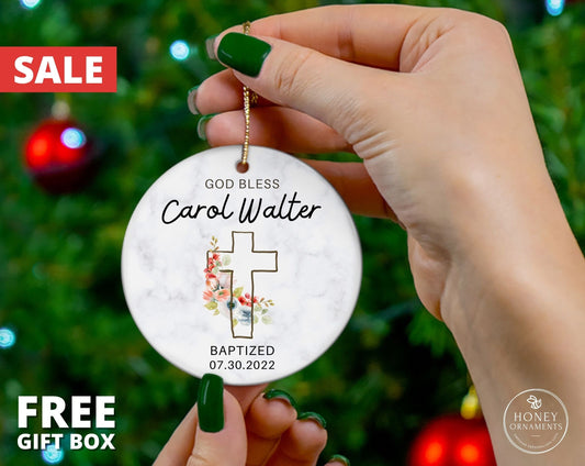 Personalized Baptism Ornament, God Bless Baptized Ornament, Custom Name + Date Baptized Keepsake, Christened Ornament, Christening Ornament