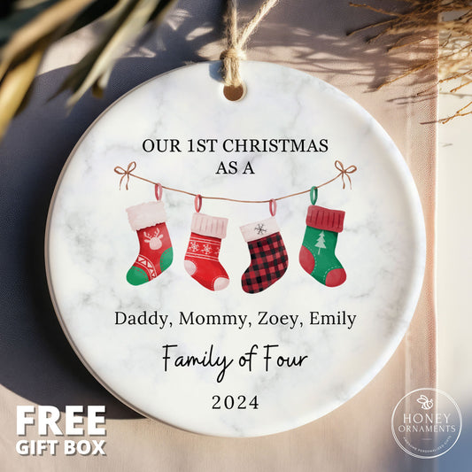 Family of Four Ornament, New Baby Ornament, Family of 4 keepsake, First Christmas Gift, Baby First Gift, Baby Name Ornament, Personalized
