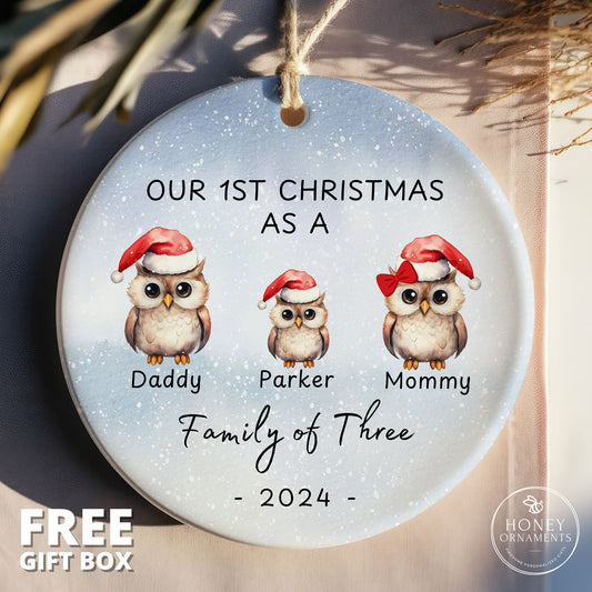 Family of 3 Christmas Ornament - Personalized Baby's First Christmas Ornament, Christmas New Baby Boy Gift - Family of Three - Owl Family
