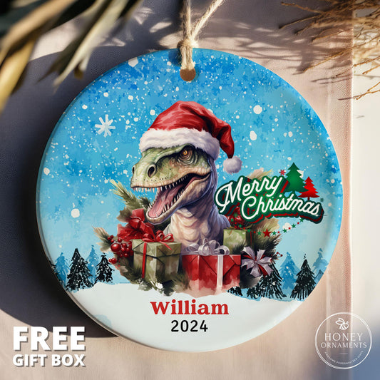 New Baby Boy Ornament, Kids Name Keepsake, New Baby Boy Gift, Dinosaur with Santa Hat Personalized Ornament, Baby's First Christmas Ornament