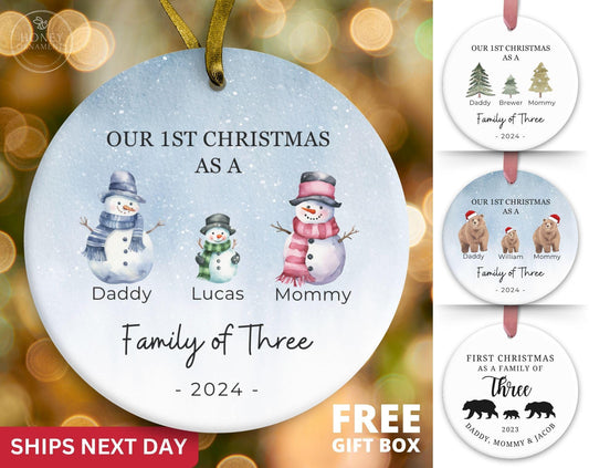 Family of Three Ornament, Family of 3 Christmas Ornament, Family Ornament, Baby's First Christmas Ornament, Personalized New Parents Gift