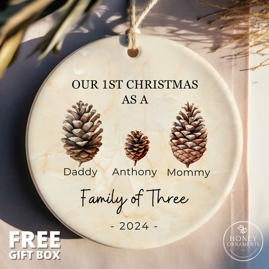 Family of Three Christmas Ornament Family Ornament Personalized Baby's First Christmas Ornament Family of 3 Gift Pinecone Family Ornament