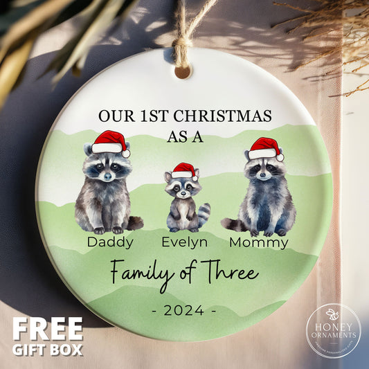 Our 1st Christmas As a Family of Three Christmas Ornament Raccoon Family Ornament Personalized New Parents Gift Holiday Keepsake New Baby