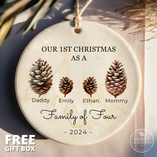Family of Four Christmas Ornament, Family of 4, Personalized New Baby's First Christmas Ornament, First Christmas Ornament, Pinecone Family