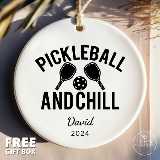 Personalized Pickleball Ornament: 'Pickleball and Chill' Ceramic Gift