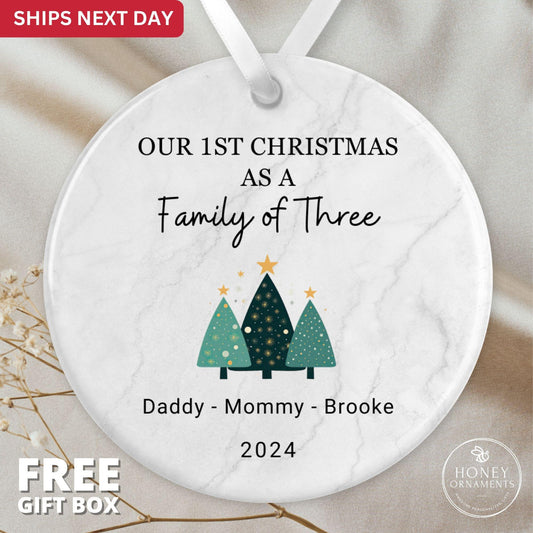 Family Of Three Christmas Ornament, Baby's First Christmas Gift, Personalized Family of 3 Ornament, Custom New Baby Ornament, Christmas Tree