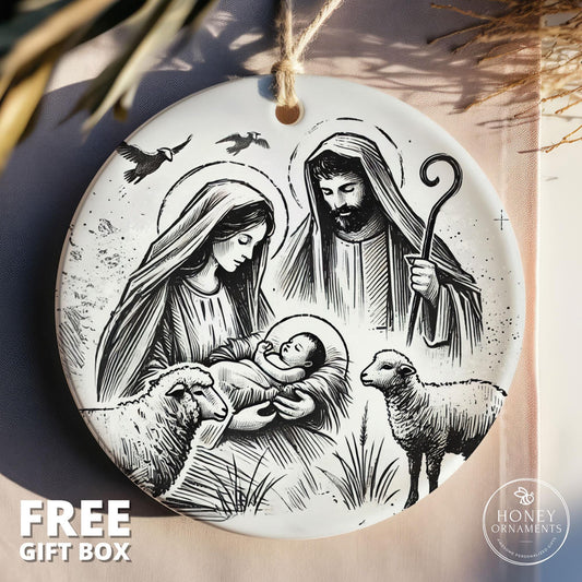Nativity Scene Christmas Ornament | Religious Ornament for Holiday Decor | Christian Gift | Holy Family Ceramic Ornament | Free Gift Box