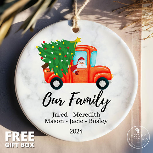 Personalized Family Christmas Ornament, Custom Name Ornament - 2026 Holiday Keepsake - Family Tree Décor, Santa Truck Ornament for Christmas