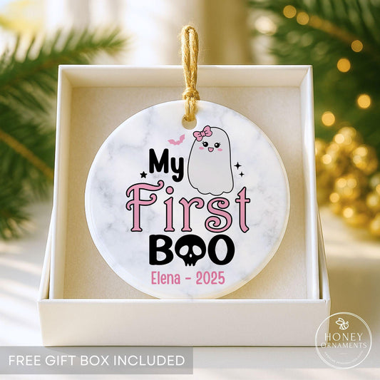 My First Boo, Baby Girl Halloween Ornament | Ceramic Keepsake | 3 Inch Diameter, Custom Name And Year