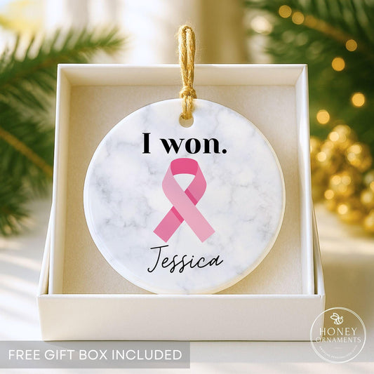 I Won Breast Cancer Ornament, Personalized Survivor Gift, Custom Pink Ribbon Ornament, Cancer Survivor Keepsake, Encouragement Gift for Her