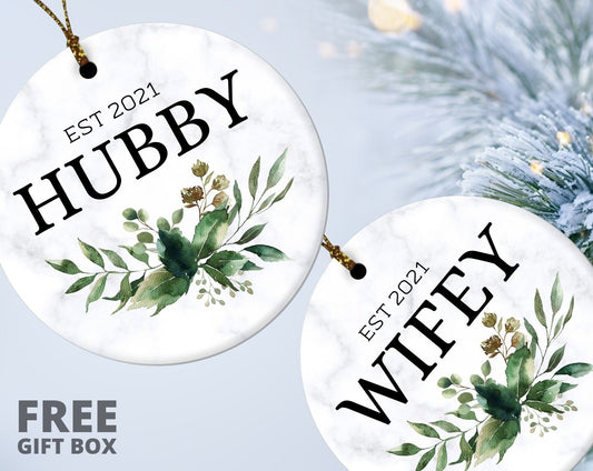 Newly Married Gift, Hubby & Wifey Ornament 2pcs Set, Personalized Mr and Mrs Christmas Ornament, Our First Christmas Married Ornament