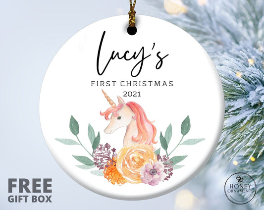 Baby's First Christmas Ornament, Personalized First Christmas Unicorns Ornament, Custom Baby Girl Name Christmas Ornament Gifts