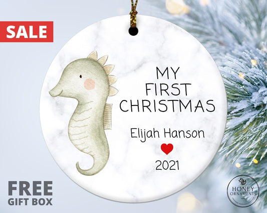 My First Christmas Ornaments, Personalized Seahorse Baby First Christmas Ornament, Custom Baby Boy Name Keepsake, New baby Holiday Gift
