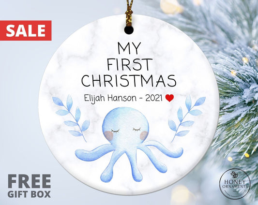 My First Christmas Ornament, Personalized Octopus Baby First Christmas Ornaments, Custom Cute Baby Boy Name Keepsake, New baby Holiday Gift