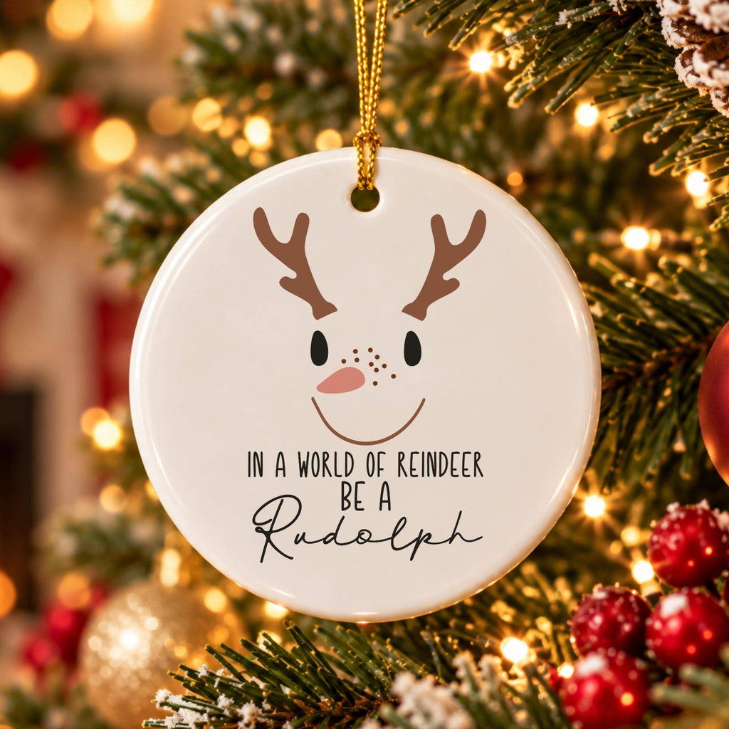 Rudolph Reindeer Ceramic Ornament with Gift Box and Greeting