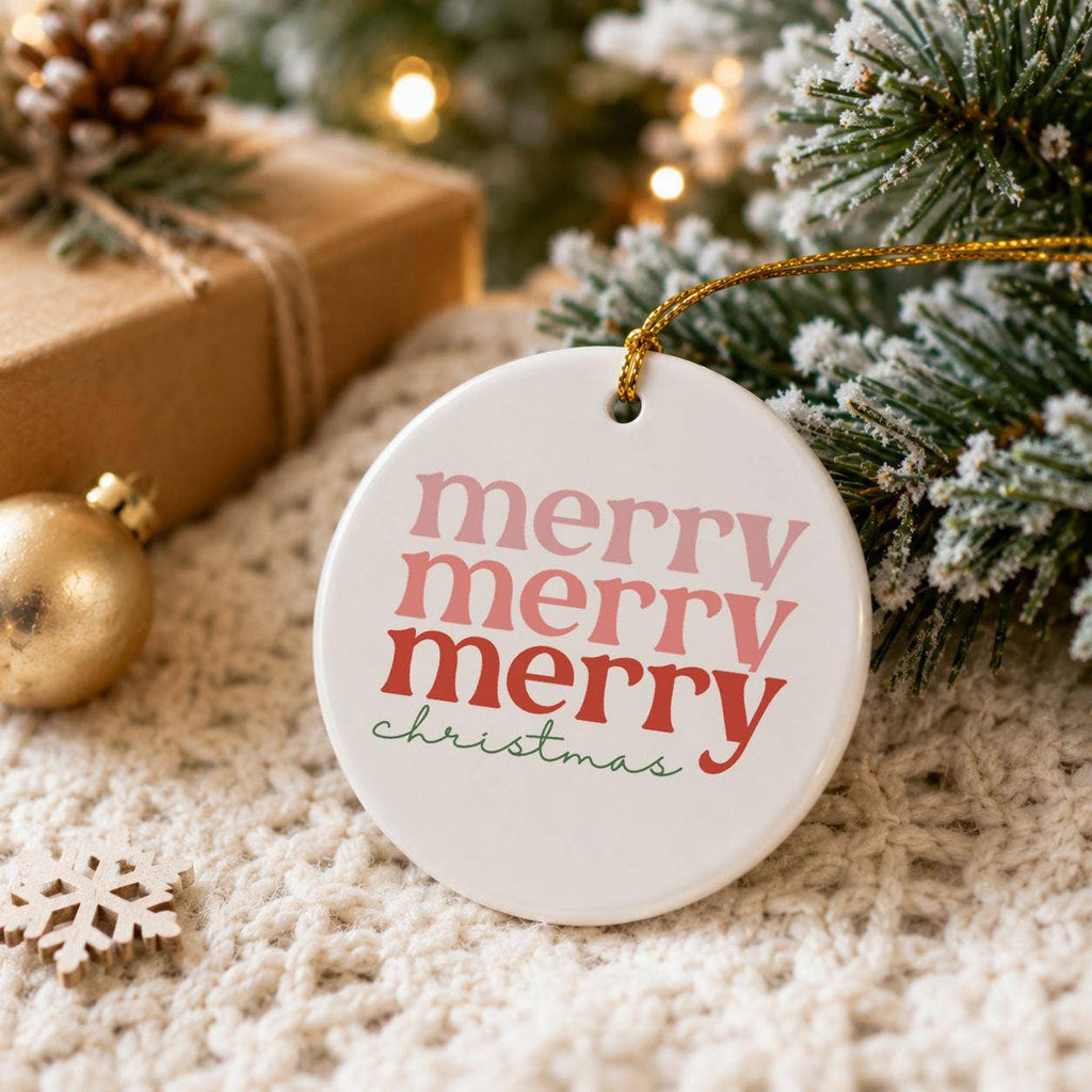 Merry Christmas Ceramic Ornament with Gold Ribbon Gift Box
