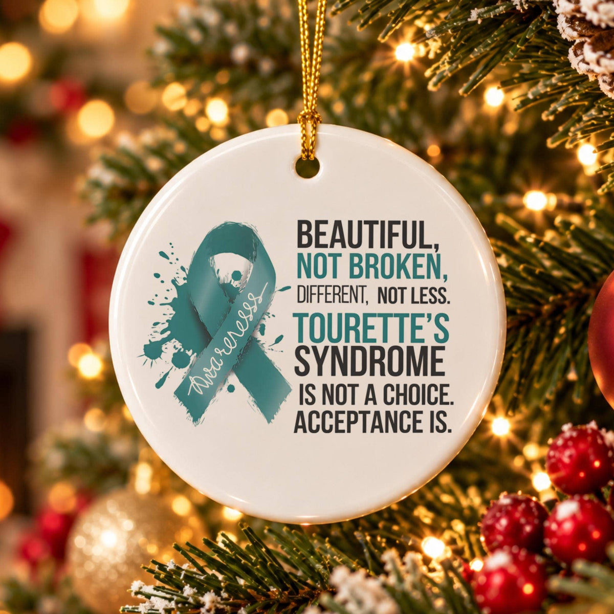 Tourettes Awareness Teal Ribbon Ornament Gift Boxed Holiday
