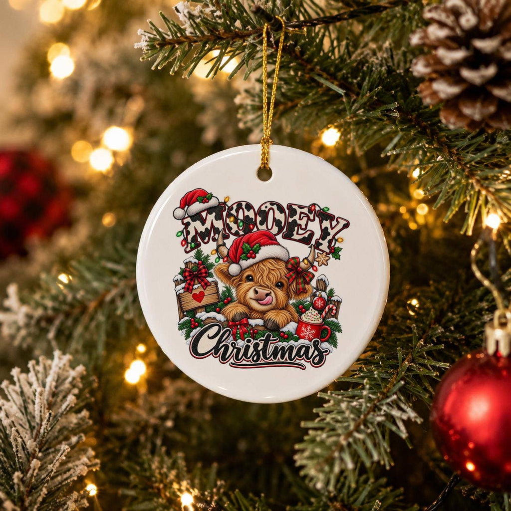 Festive Mooey Christmas Highland Cow Ceramic Santa Ornament