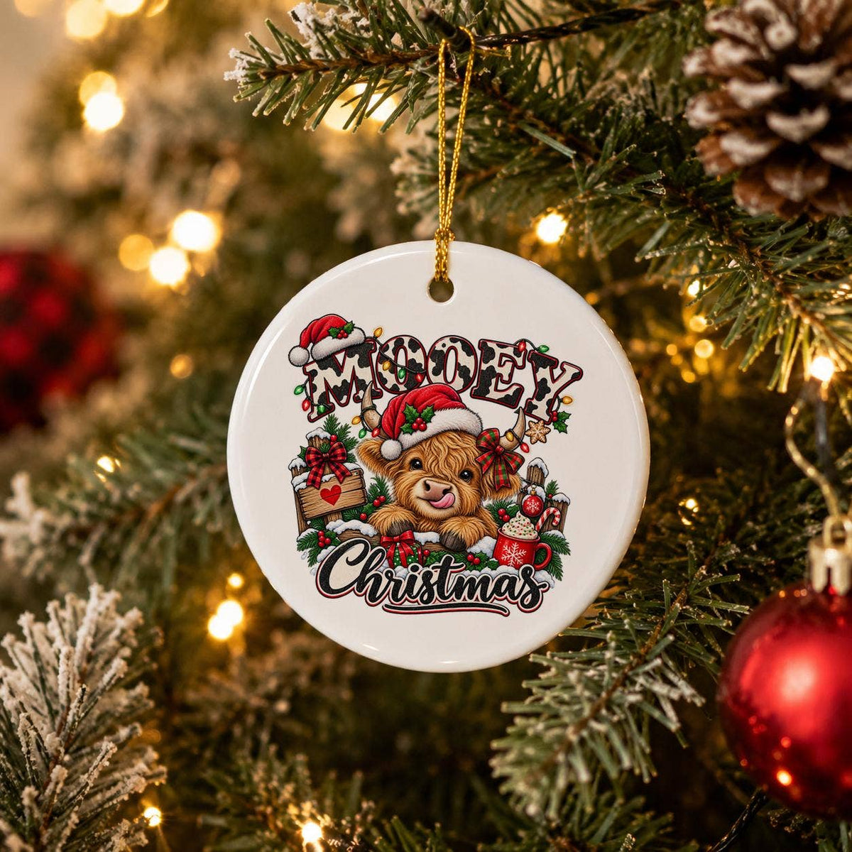 Festive Mooey Christmas Highland Cow Ceramic Santa Ornament