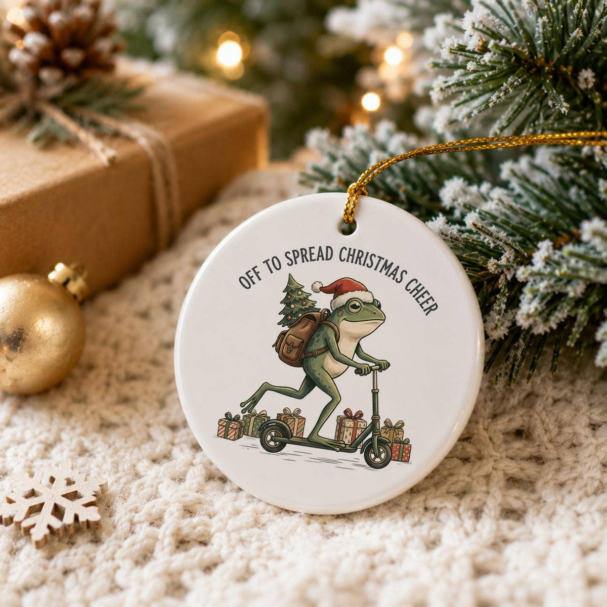 Whimsical Frog on Scooter Christmas Ornament in Gift Box