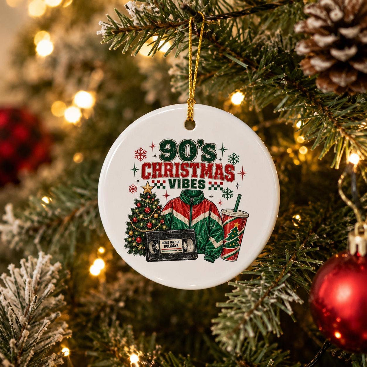 90s Christmas Vibes Ceramic Ornament with Gift Box