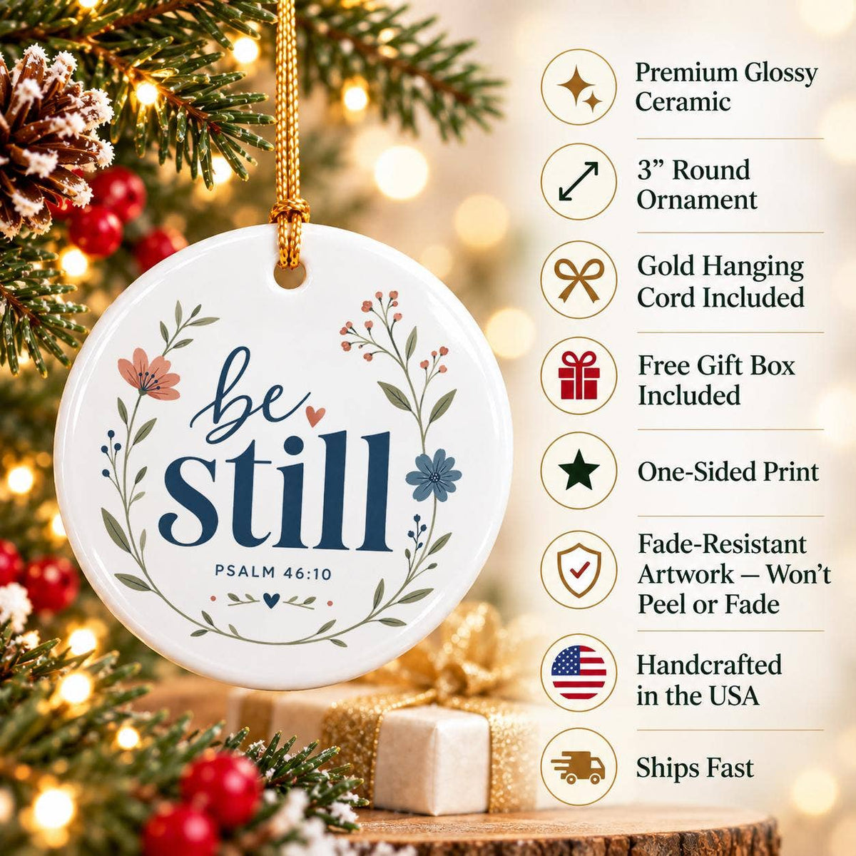 Be Still Psalm 46:10 Floral Ceramic Ornament for Christmas