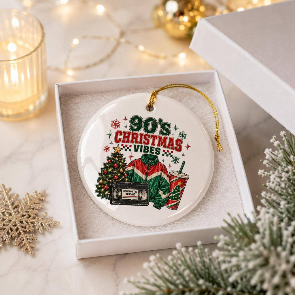 90s Christmas Vibes Ceramic Ornament with Gift Box
