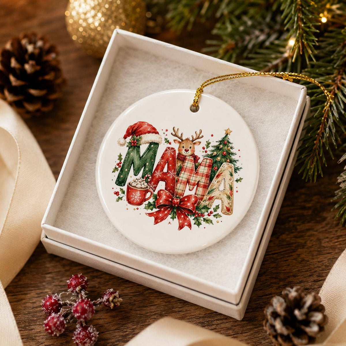Festive Mama Reindeer Ceramic Ornament with Christmas Motifs
