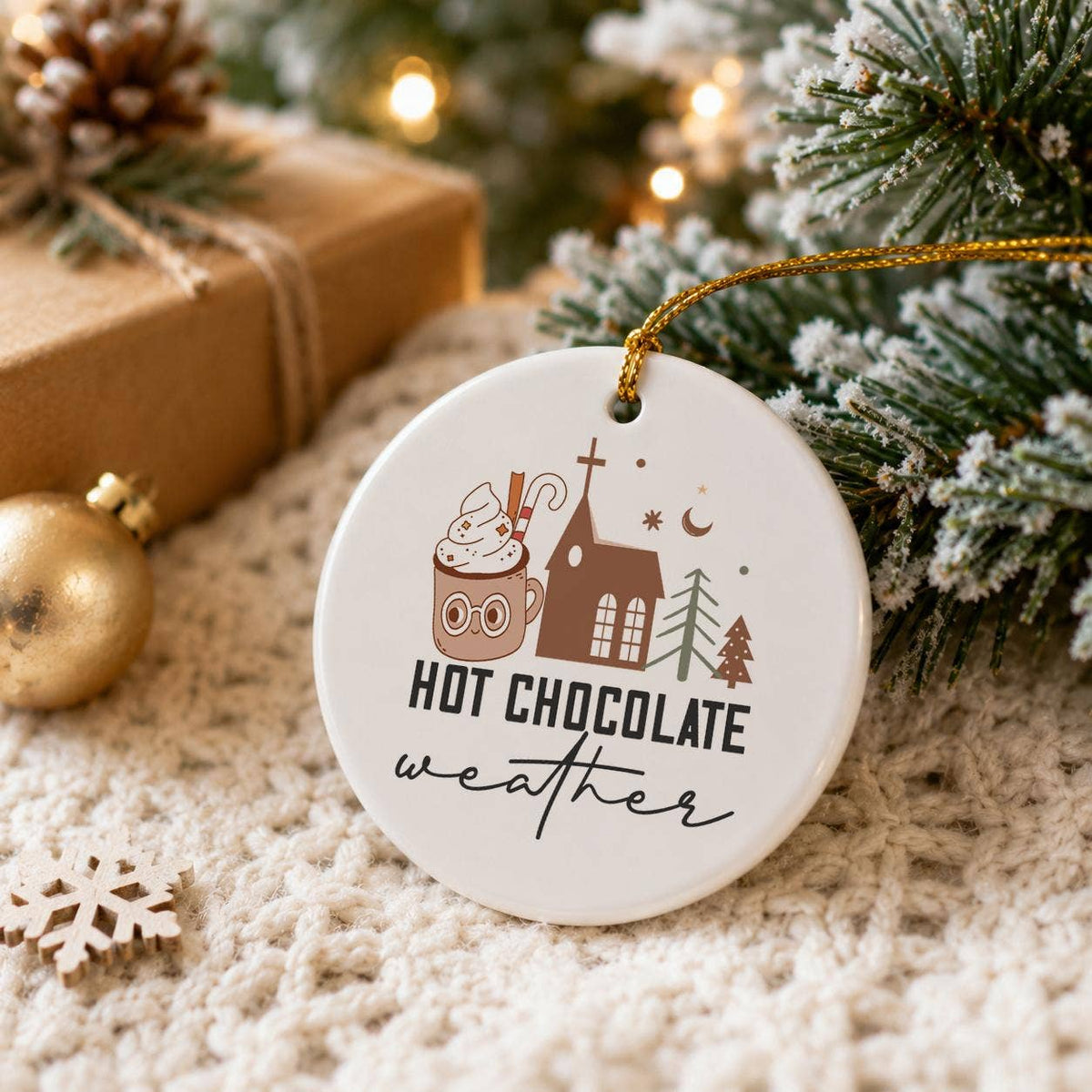 Cozy Hot Chocolate Ceramic Ornament with Christmas Motifs