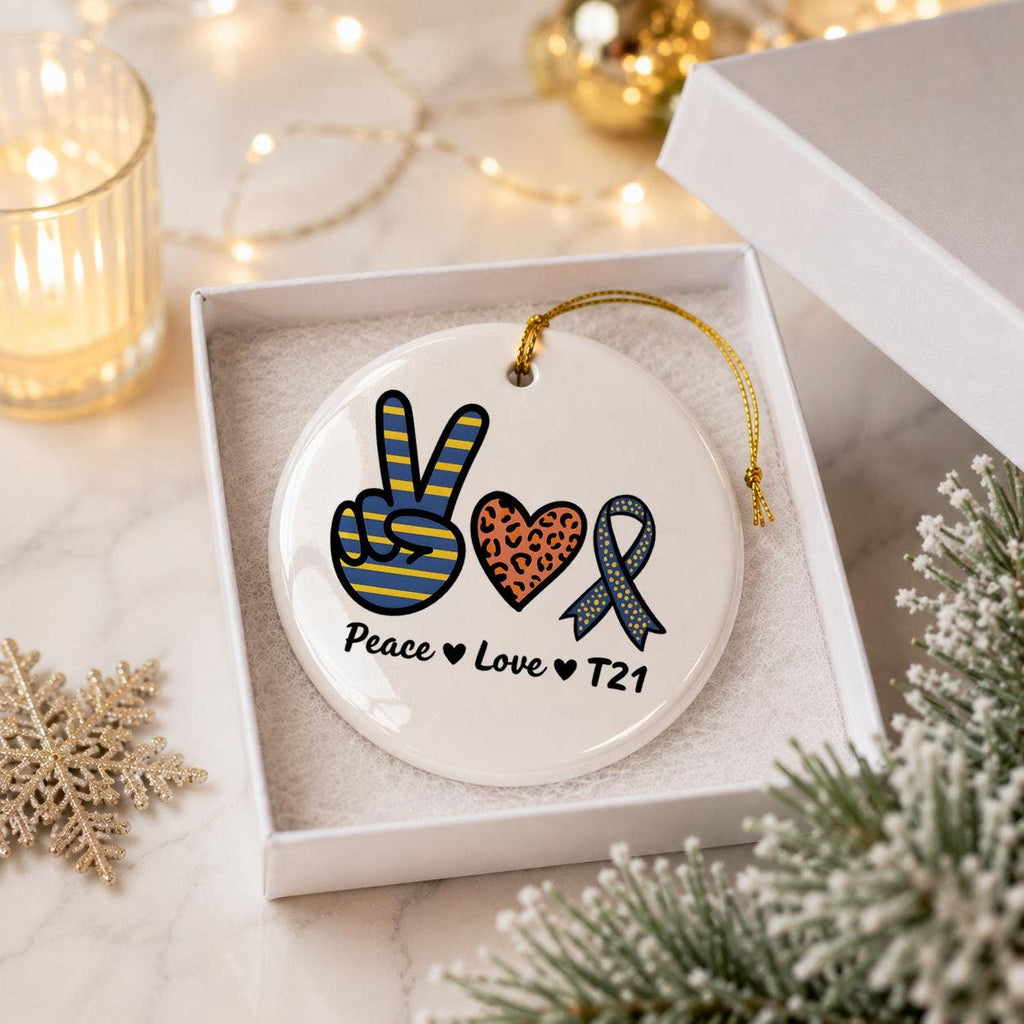 Peace Love Trisomy 21 Ceramic Ornament with Gift Box