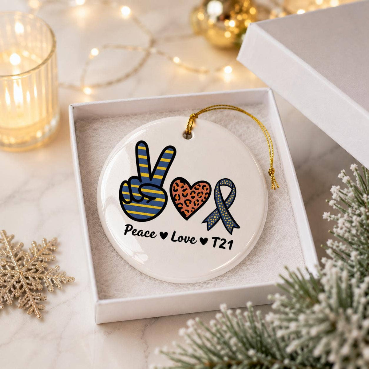 Peace Love Trisomy 21 Ceramic Ornament with Gift Box
