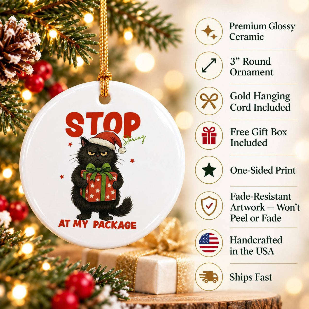 Humorous Cat Ornament with Santa Hat for Christmas Decor