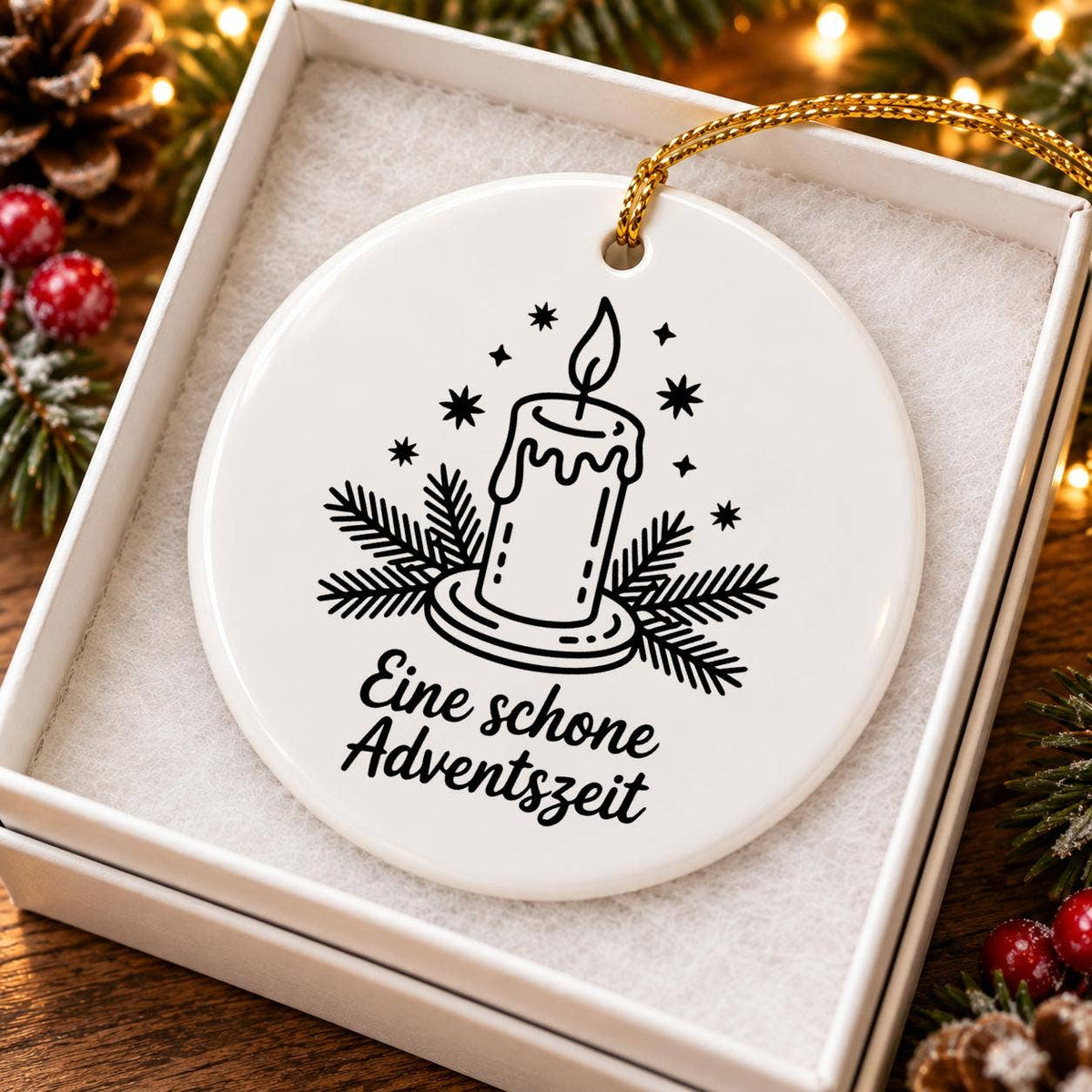 Ceramic Advent Ornament with Candle and Pine Motif in Box