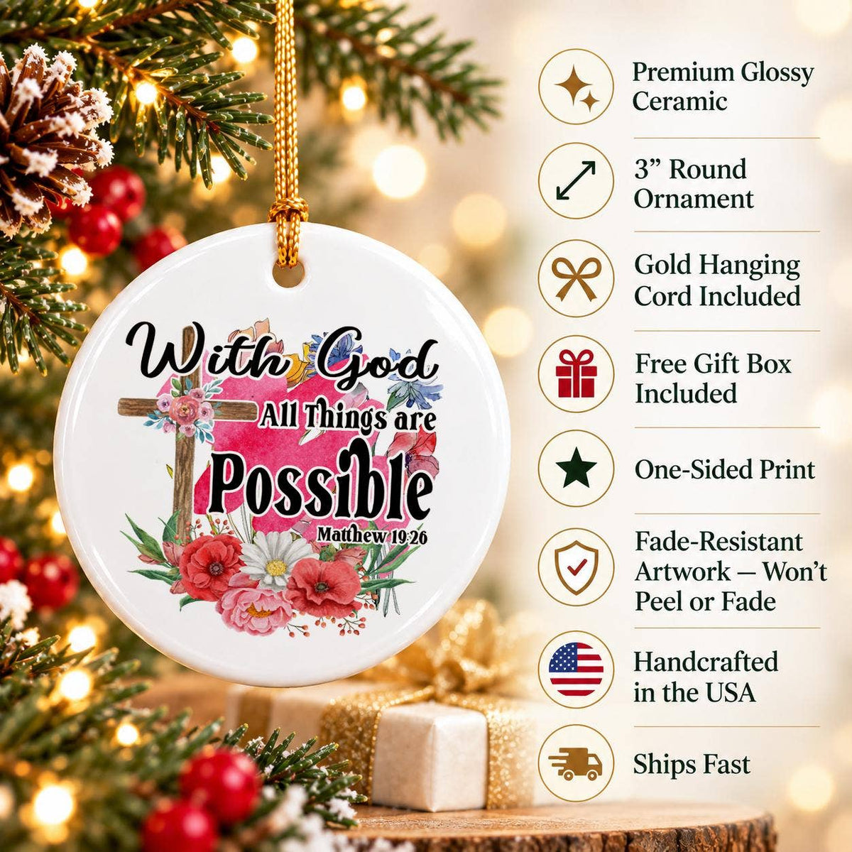 Faith Floral Cross Ceramic Ornament with Gift Box