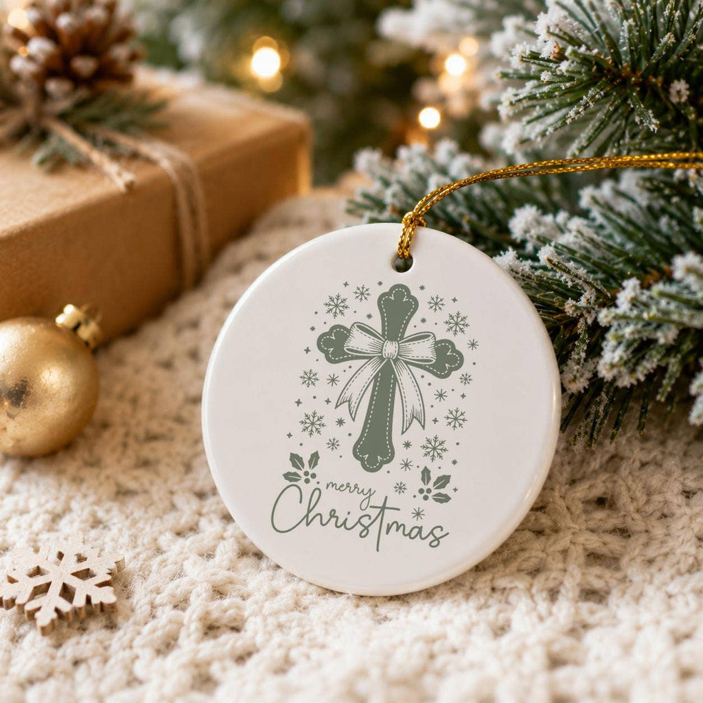 Elegant Ceramic Cross Ornament with Merry Christmas Message