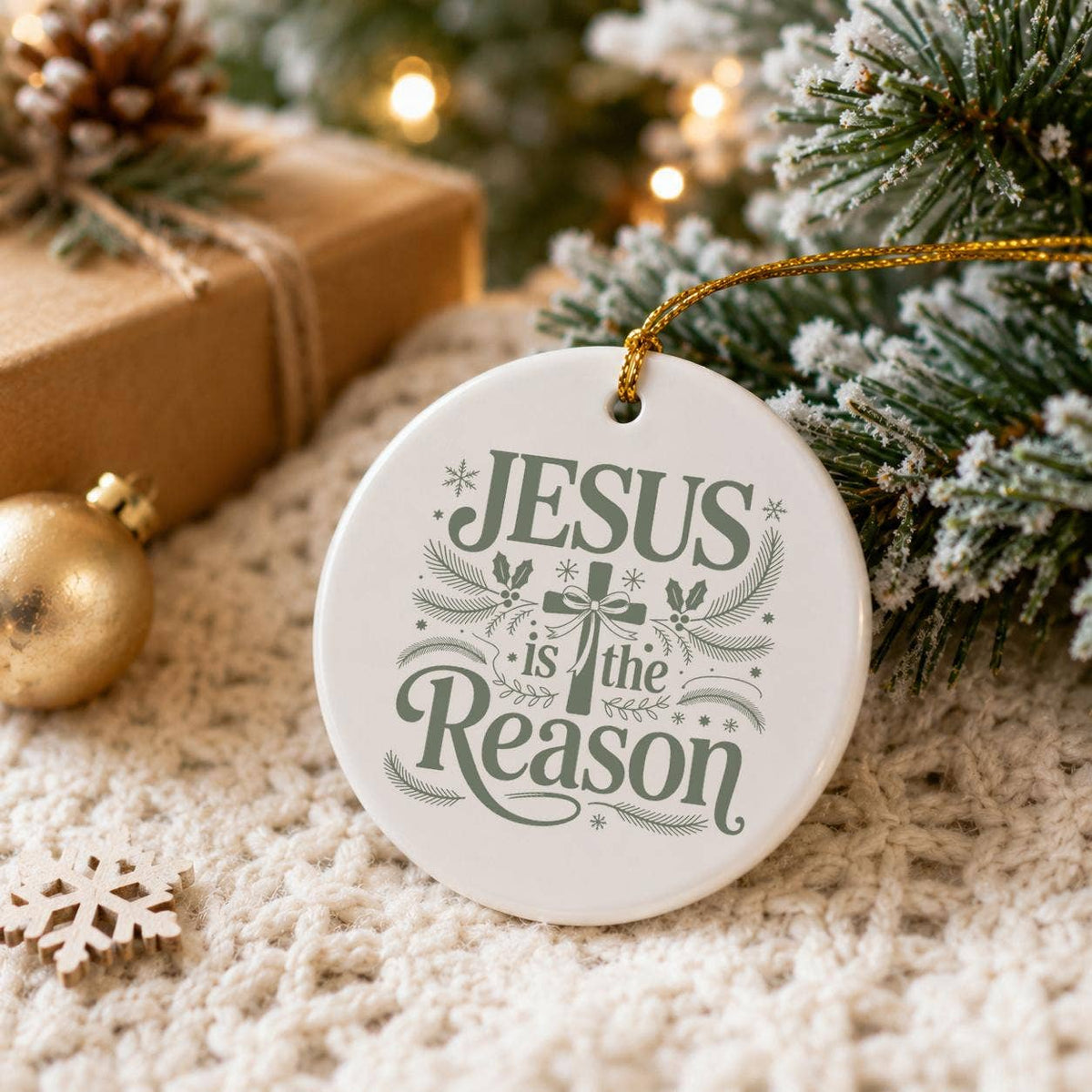 Jesus is the Reason Ceramic Ornament with Pine Motifs