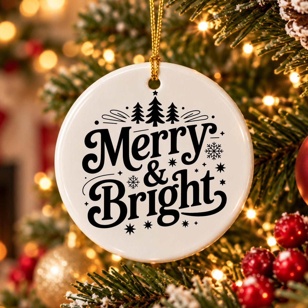 Merry & Bright Stars & Snowflakes Ceramic Christmas Ornament