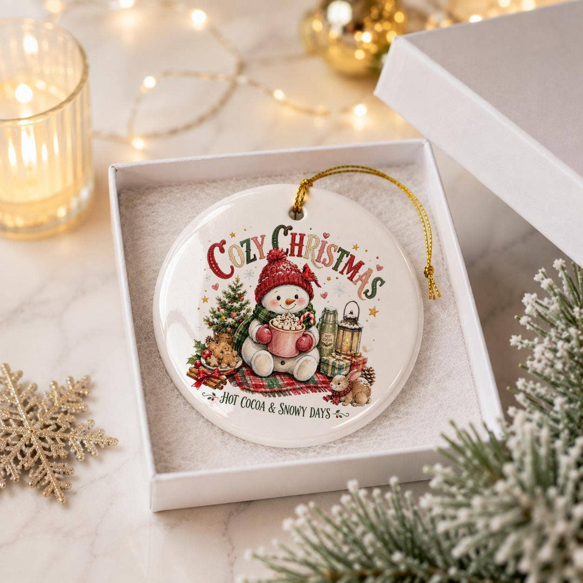 Ceramic Snowman Ornament with Hot Cocoa & Red Hat Christmas