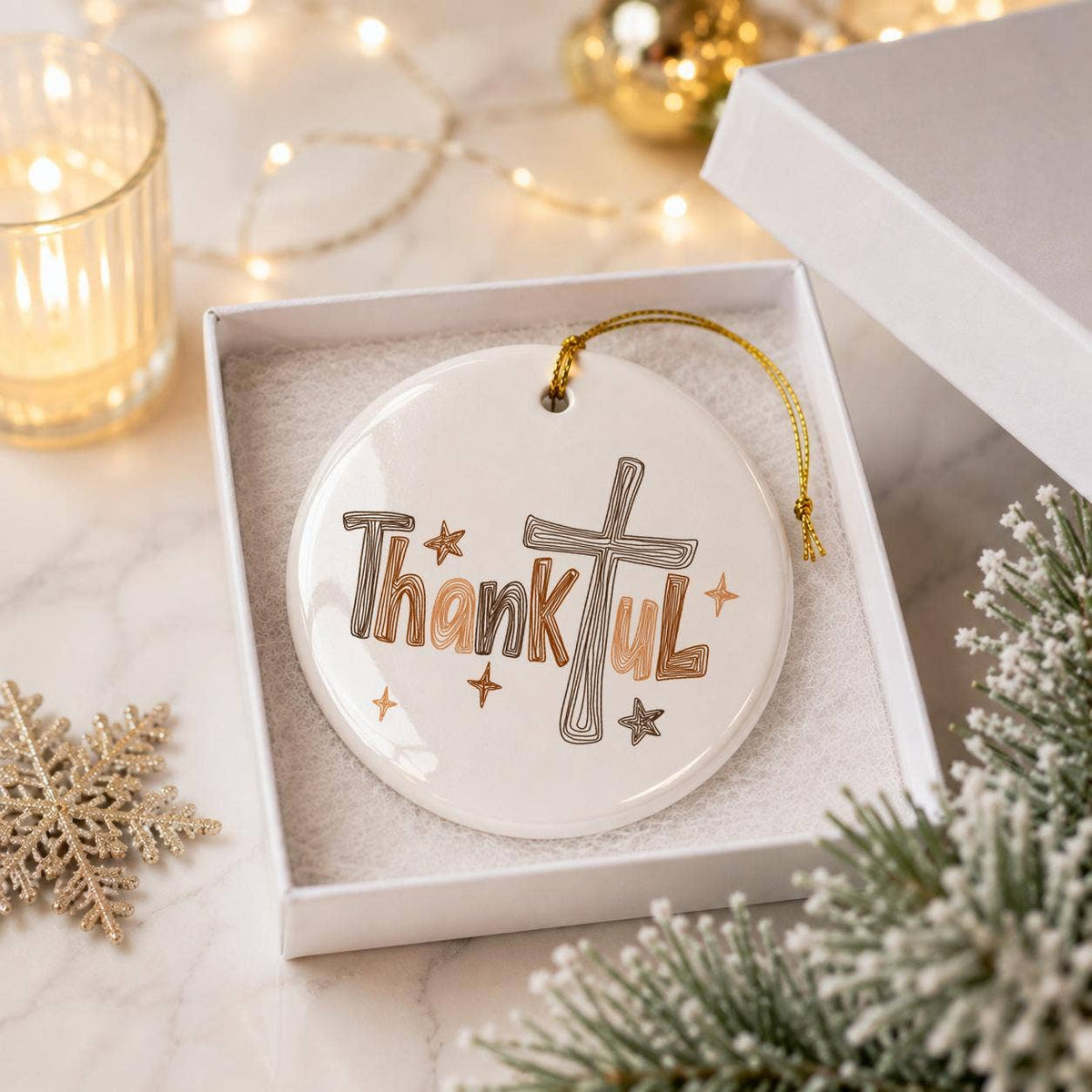 Thankful Cross Beige Ceramic Ornament with Gift Box