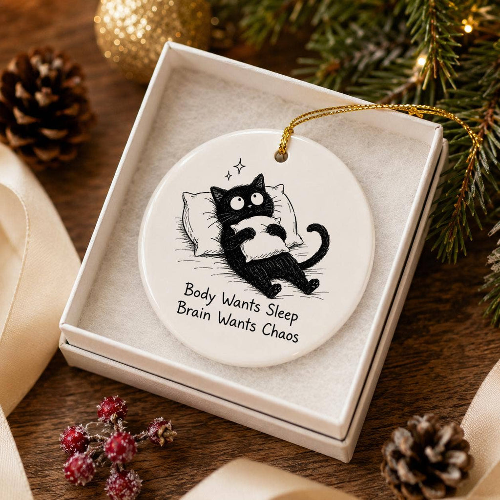 Whimsical Sleepy Cat Ceramic Holiday Ornament with Humor