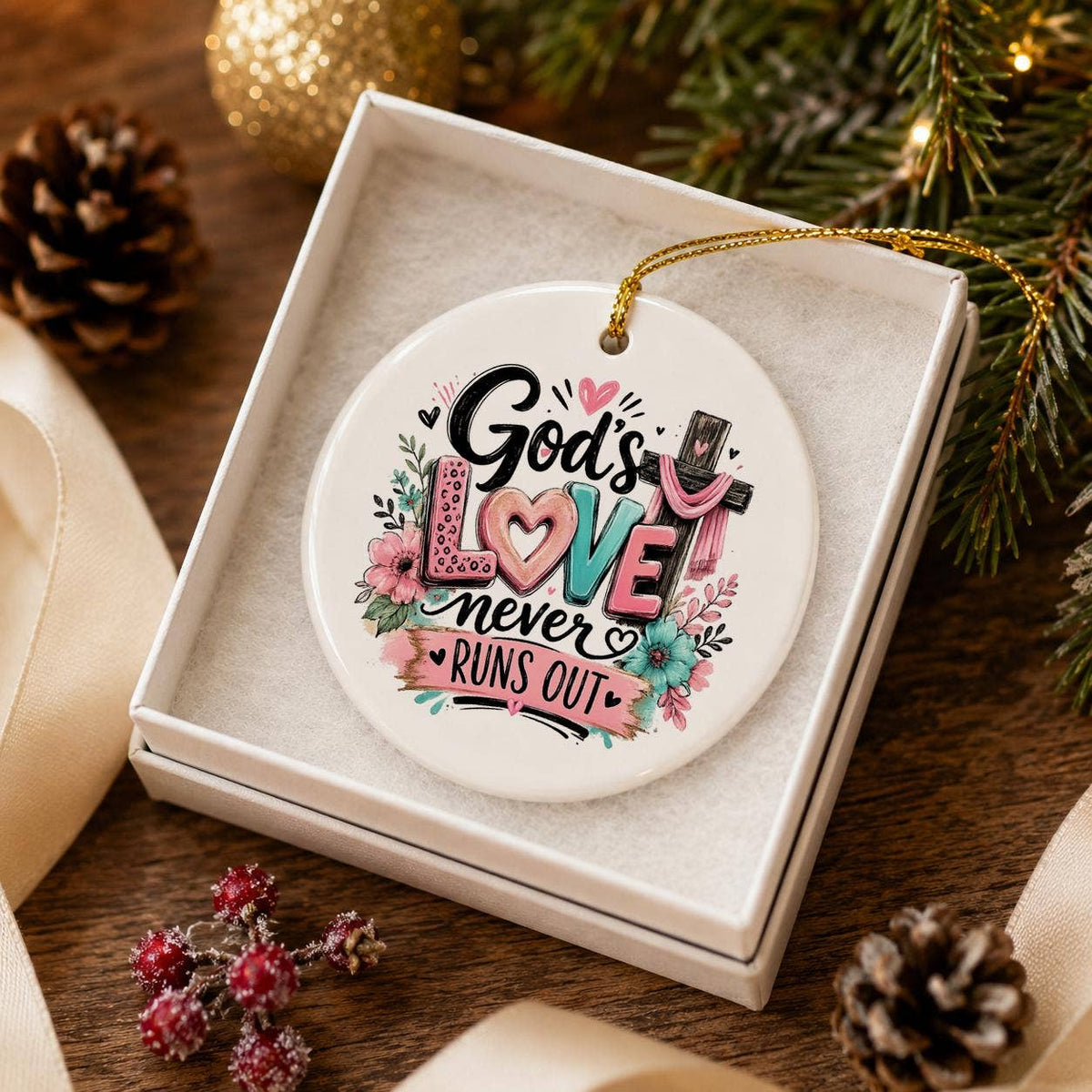Faith & Love Floral Ceramic Ornament With Cross in Gift Box