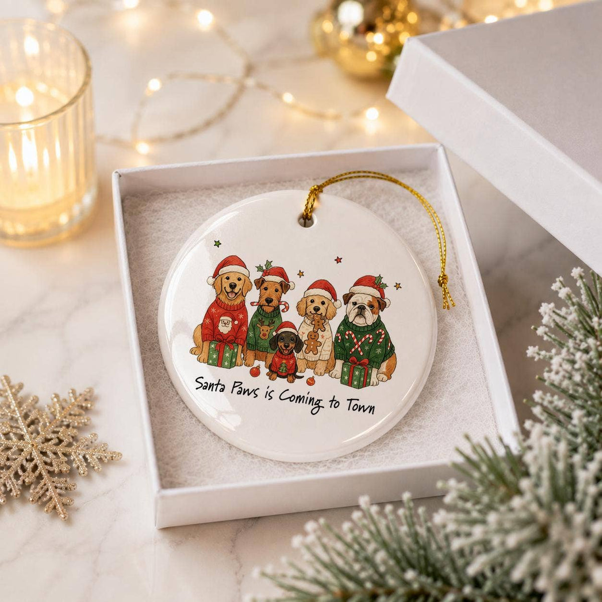 Santa Paws Christmas Dog Ceramic Ornament Gift Box