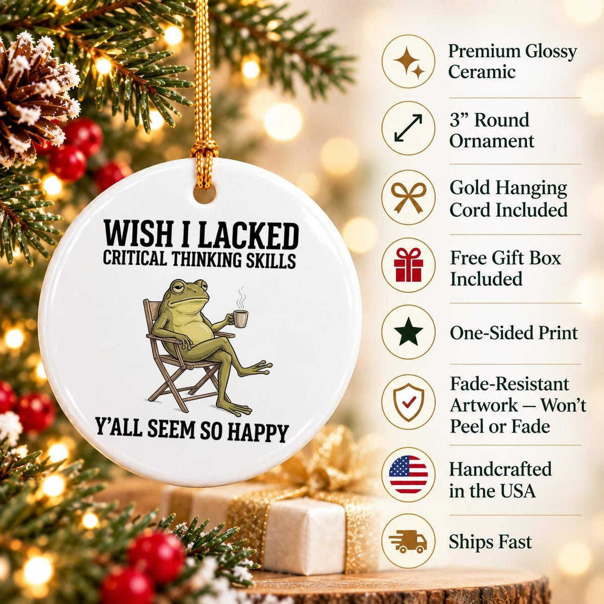 Whimsical Ceramic Frog Christmas Ornament with Gift Box