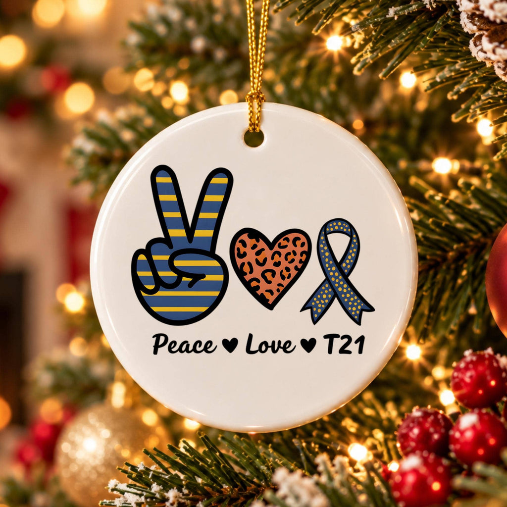 Peace Love Trisomy 21 Ceramic Ornament with Gift Box