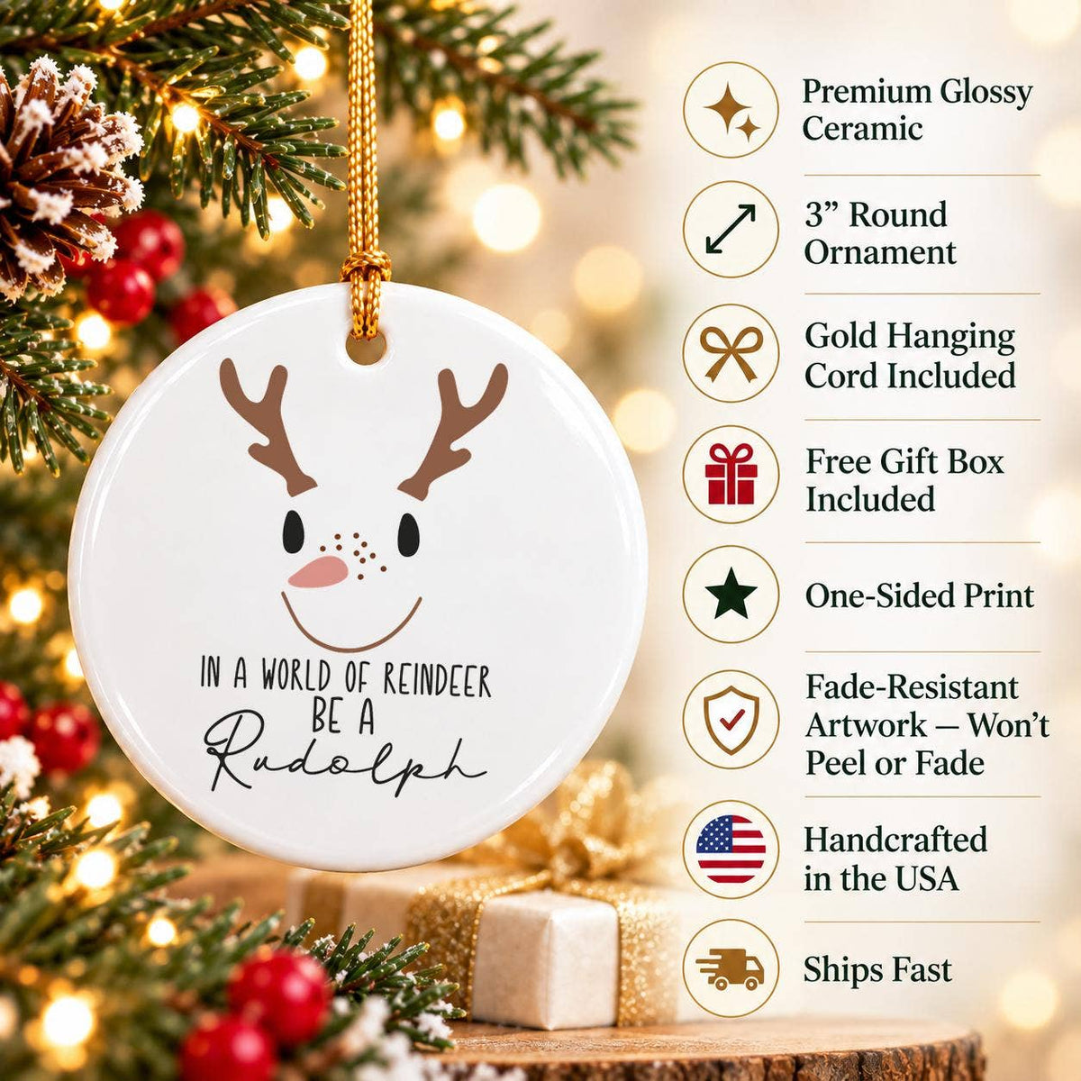 Rudolph Reindeer Ceramic Ornament with Gift Box and Greeting