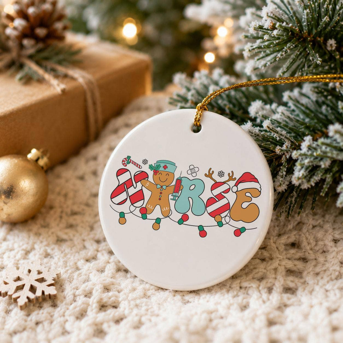 Festive Ceramic Nurse Ornament with Candy Cane & Gingerbread