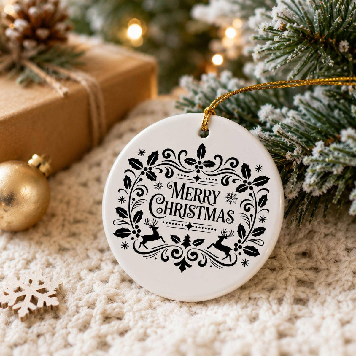 Merry Christmas Ceramic Ornament with Gift Box