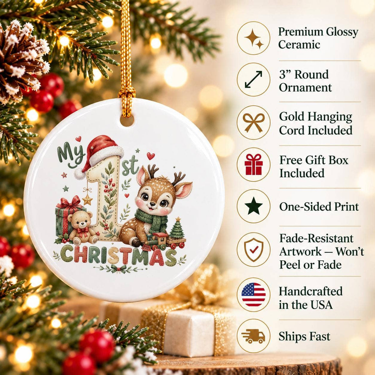 My 1st Christmas Deer Ceramic Ornament with Gift Box