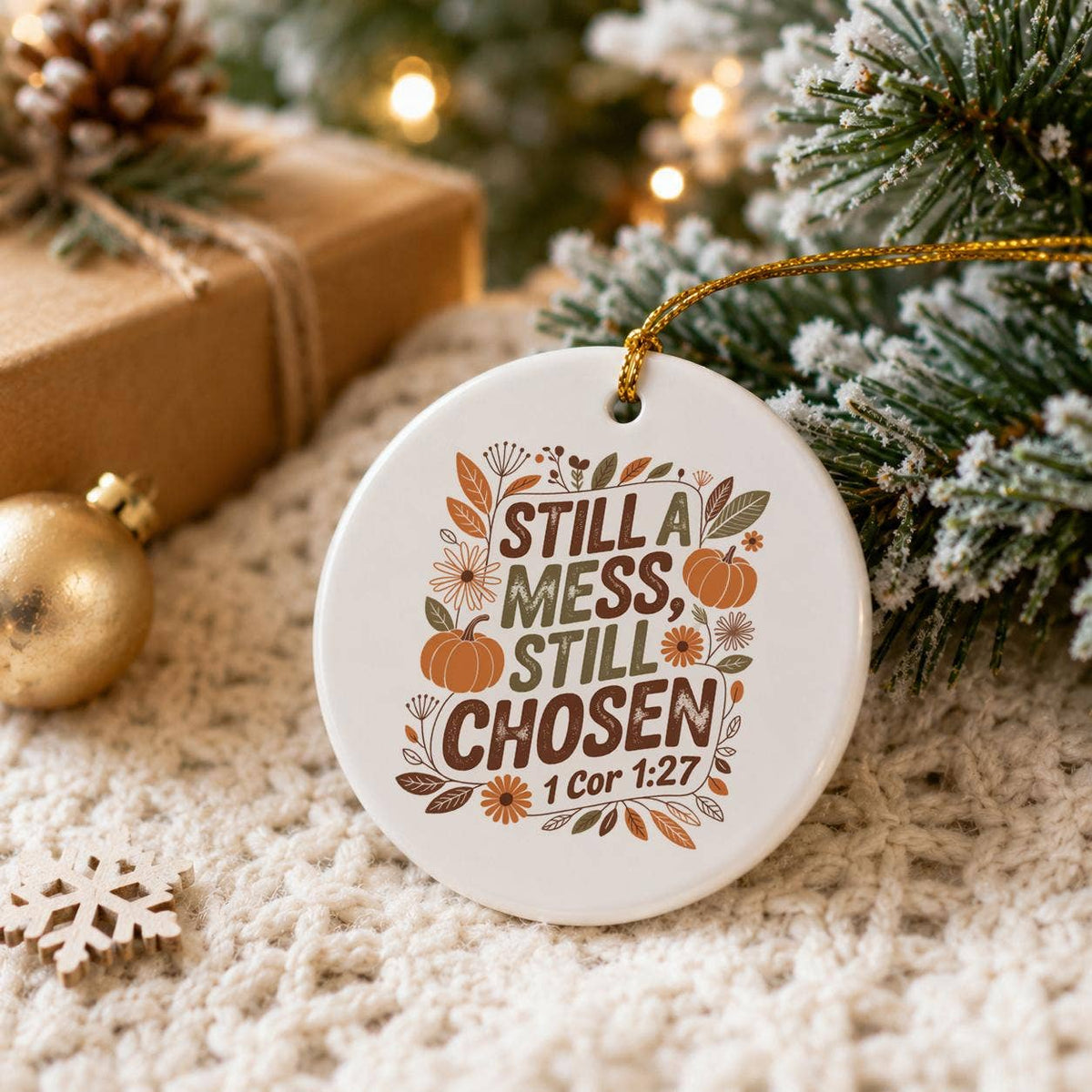 Autumn Faith Quote Ceramic Ornament with Pumpkin Design
